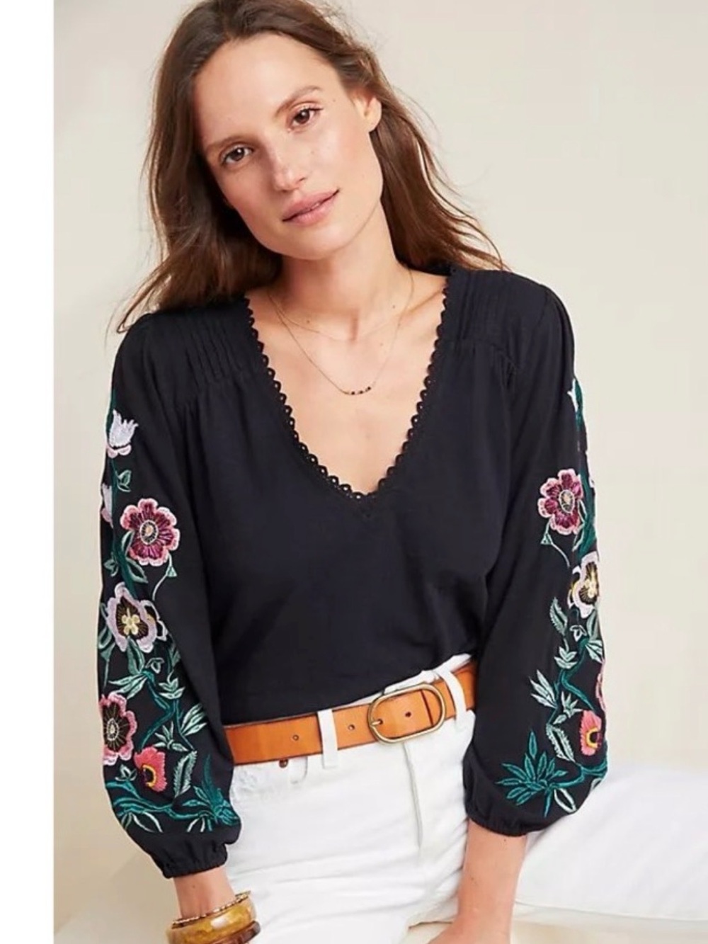 ANTHROPOLOGIE Womens Helene Embroidered Peasant Blouse L Whimsigoth Folk Boho